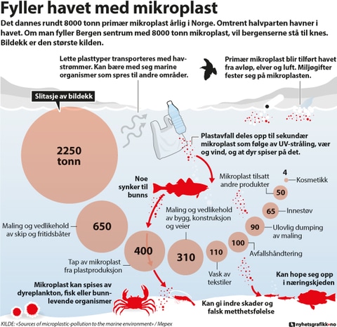 Informasjonsgrafikk som viser hva som forårsaker mikroplast i havet. Verstingen er bildekk som hvert år står for 2250 tonn mikroplast bare i Norge.