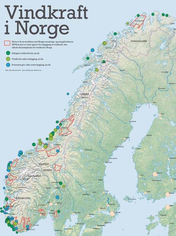 Kart over nåværende og planlagte vindkraftanlegg i Norge