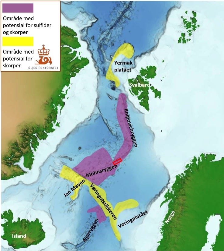 Kart over havet mellom Grønland, Svalbard og Norge. Områder med potensiale for mineralforekomster er markert i gult og lilla på bildet.