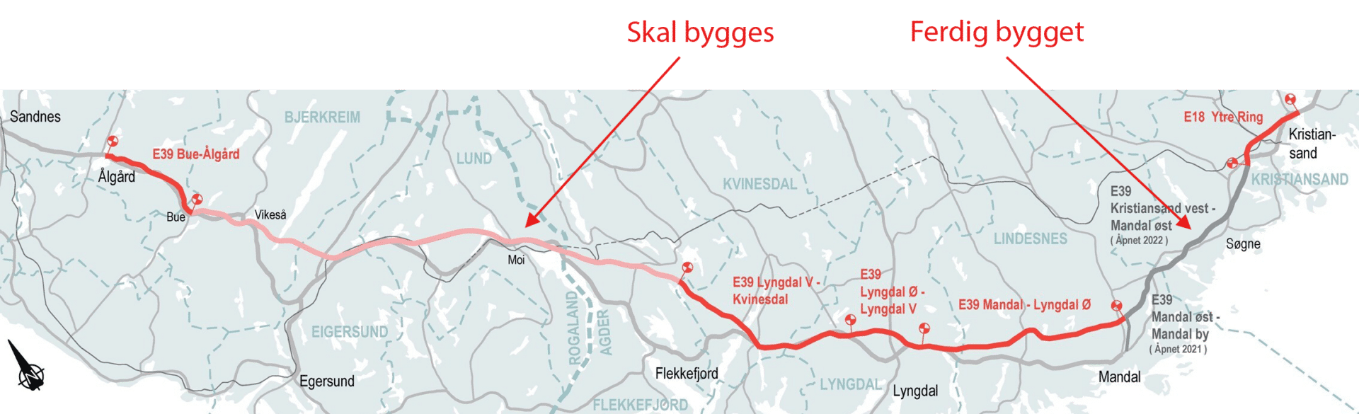 Kart over motorveiplaner på Sørlandet