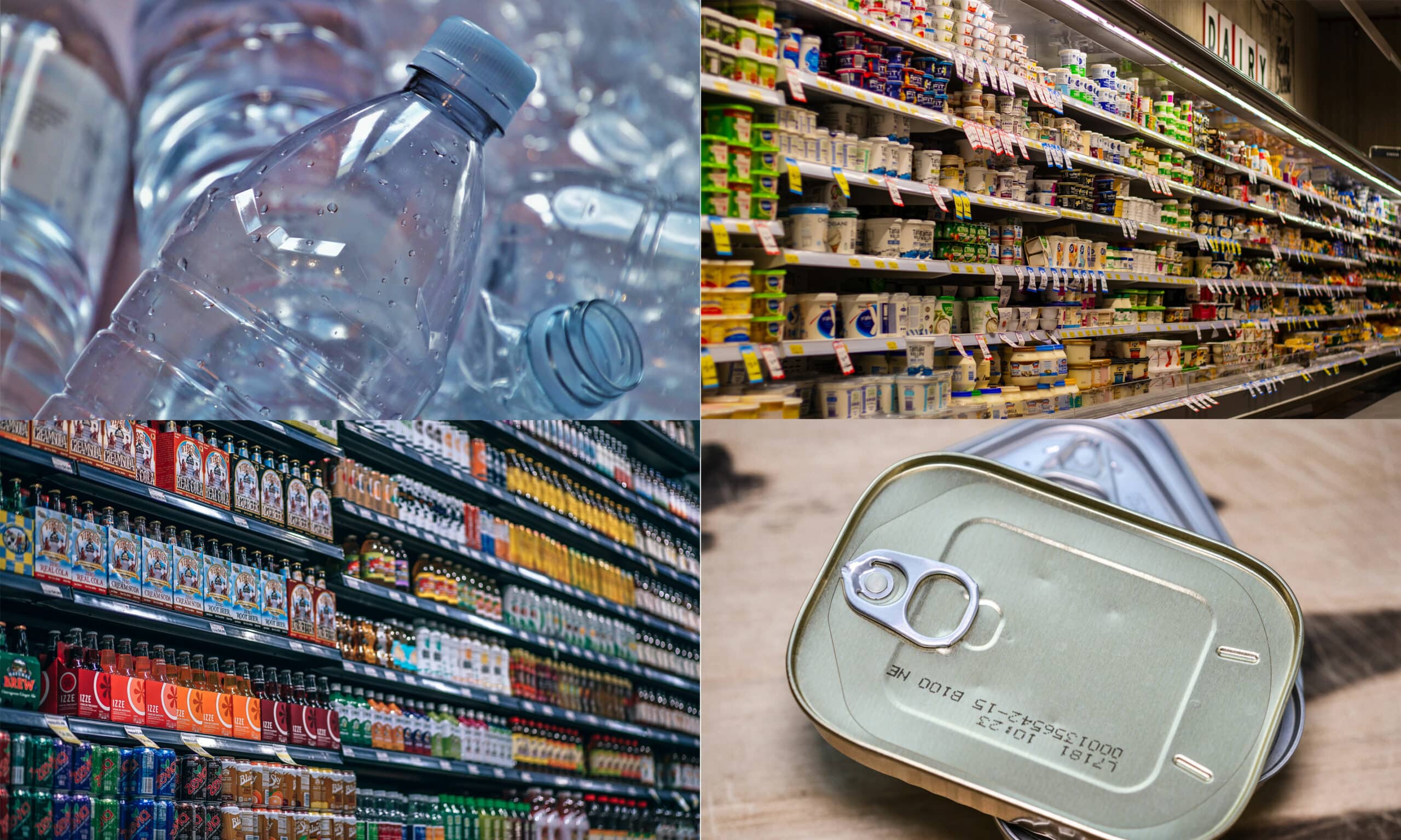 Matemballasje-collage: drikkeflasker og matvarer i butikkhyller, hermetikkbokser og drikekflasker