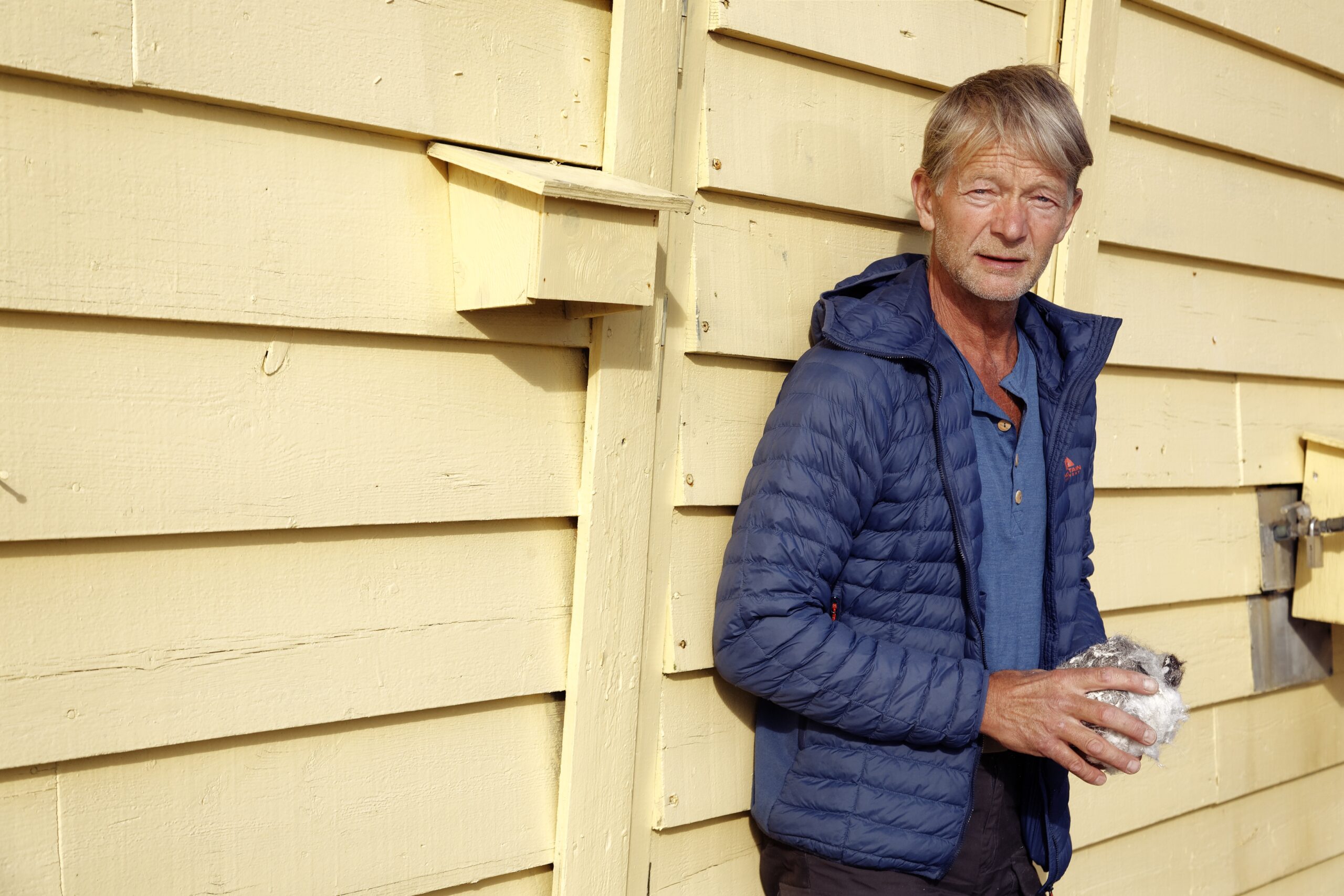 Mann i blå boblejakke står lent mot en gul trevegg og holder en klump med gråhvit saueull mellom hendene.