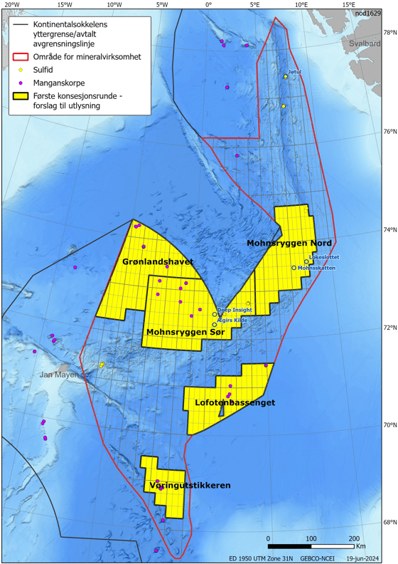 Oversikt over områdene som er utlyst i første konsesjonsrunde for havbunnsmineraler.