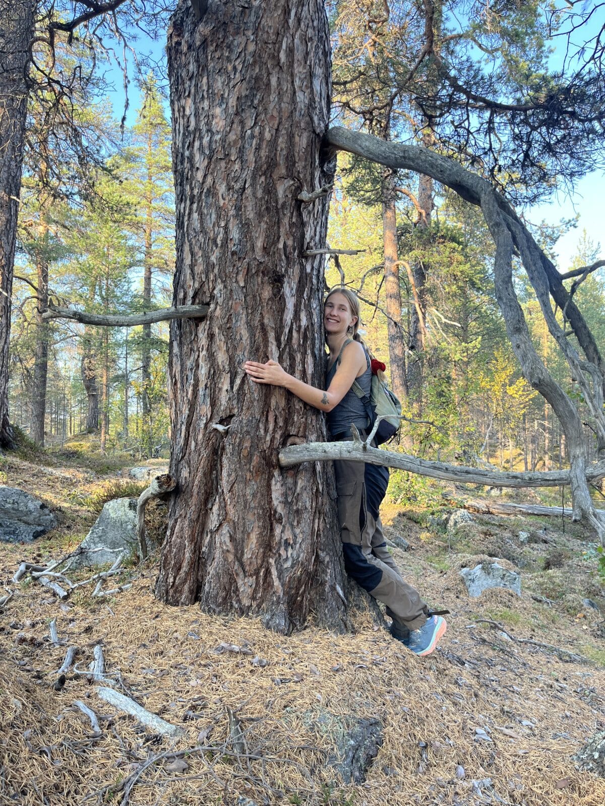 En kvinne klemmer en stor gammel furu og smiler til kameraet. 