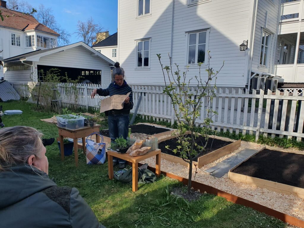 En kvinne står foran en liten mathage, med tre snekrede karmer og bark mellom. Hun viser fram et ark med informasjon. I hjørnet sitter en kvinne og ser på.